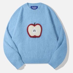 AELFRIC EDEN Apple Graphic Cropped Sweater Sky Blue Fuzzy NWT Size Small